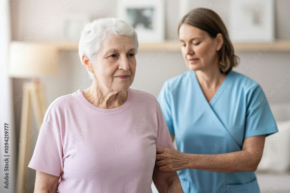 A senior patient receiving physical therapy at home, a therapist helping them with exercises, the living room set up for rehabilitation, a supportive and encouraging atmosphere A senior patient receiving physical therapy at home, a therapist helping them with exercises, the living room set up for rehabilitation, a supportive and encouraging atmosphere