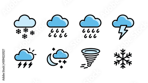 Weather conditions set icon. Cloud, cloudy, sun, rain, lightning, thunderstorm, wind, moon, rainbow, snow, snowflake, forecast.  photo