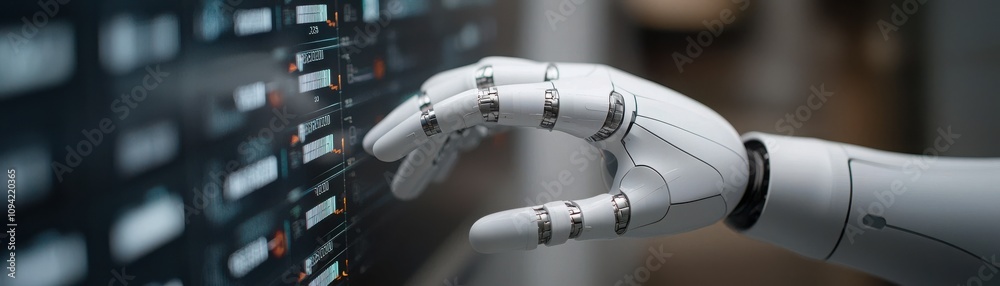 A robotic hand interacts with a digital interface, showcasing advanced technology and the integration of AI in modern environments. A robotic hand interacts with a digital interface, showcasing advanced technology and the integration of AI in modern environments.