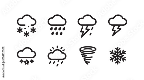 Weather conditions set icon. Cloud, cloudy, sun, rain, lightning, thunderstorm, wind, moon, rainbow, snow, snowflake, forecast. 