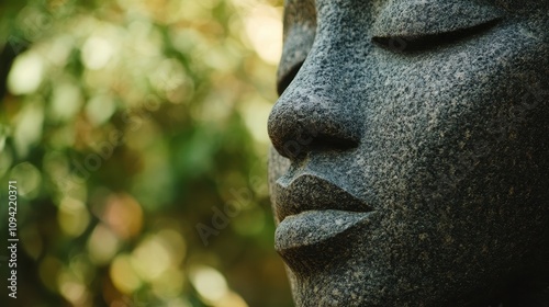 Detail of a Brazilian stone sculpture highlights the craftsmanship in an outdoor setting