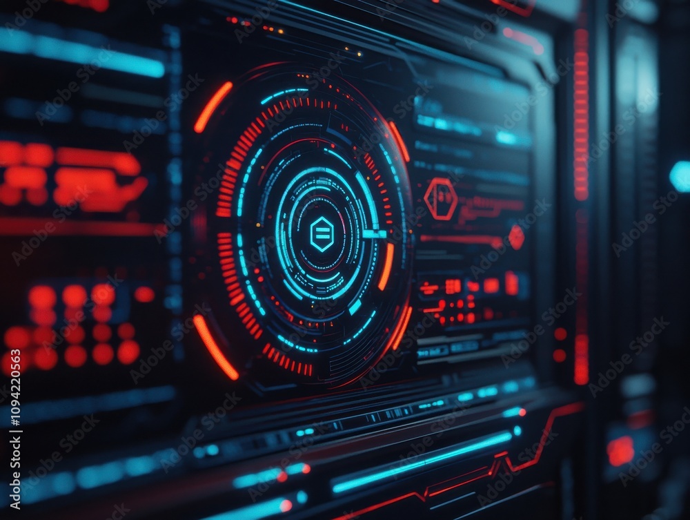 A futuristic interface featuring glowing blue and red elements, showcasing digital data and technology. A futuristic interface featuring glowing blue and red elements, showcasing digital data and technology.