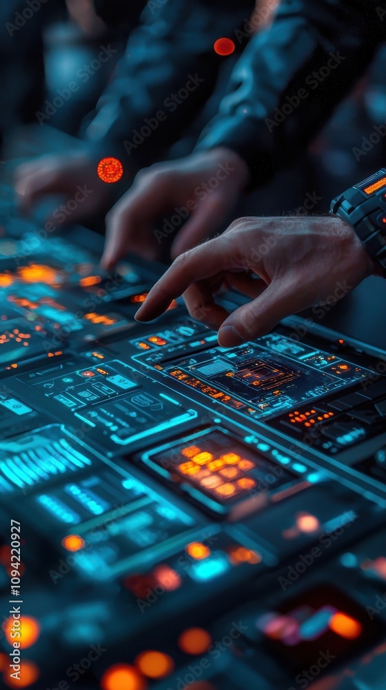 A close-up view of hands interacting with a futuristic control panel, featuring vibrant lights and intricate design elements. A close-up view of hands interacting with a futuristic control panel, featuring vibrant lights and intricate design elements.