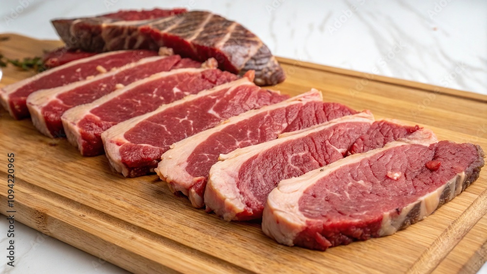 Sliced cut steaks on a wooden cutting board, steak slicing, meat cuts, food preparation, , butchery supplies Sliced cut steaks on a wooden cutting board, steak slicing, meat cuts, food preparation, , butchery supplies