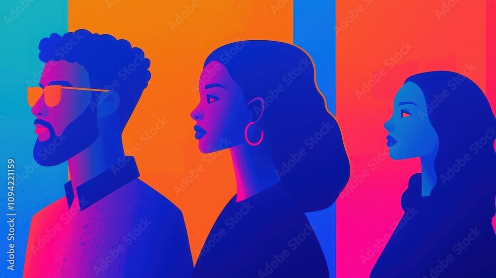 A vibrant digital illustration of three diverse figures in profile, showcasing bold colors and modern artistic styles. A vibrant digital illustration of three diverse figures in profile, showcasing bold colors and modern artistic styles.
