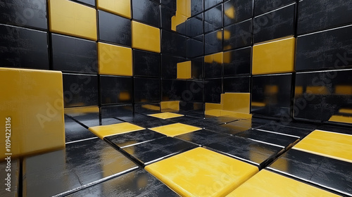 A 3D image shows black and yellow squares and cubes. photo