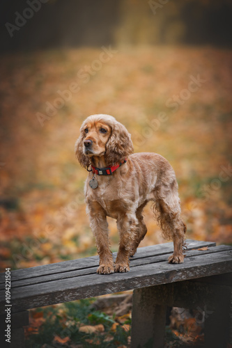 Portrait of a beautiful purebred English Cocker Spaniel dog against a background of autumn leaves.