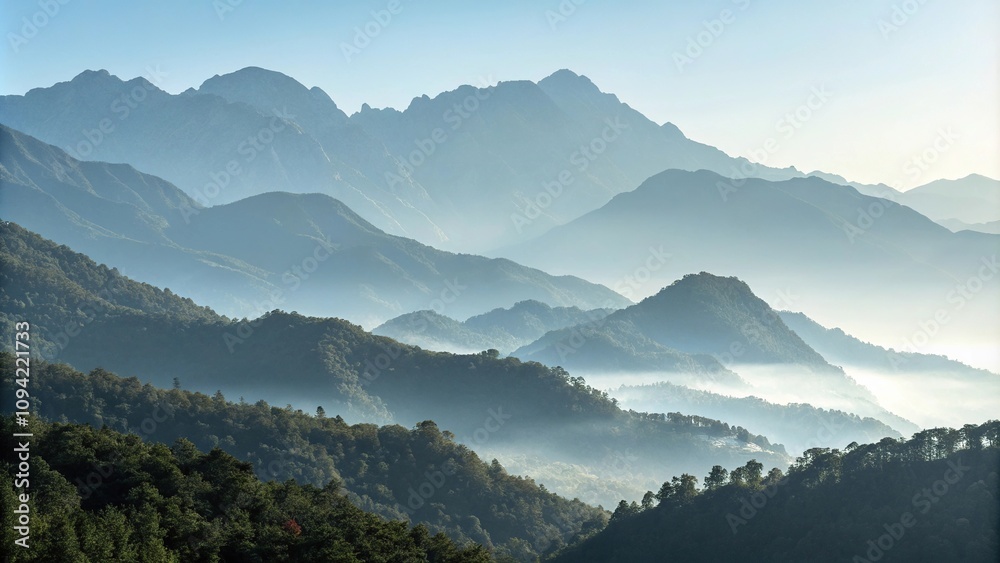 Fototapeta premium Soft focus of a misty mountain range, peaceful, atmospheric, mountain range