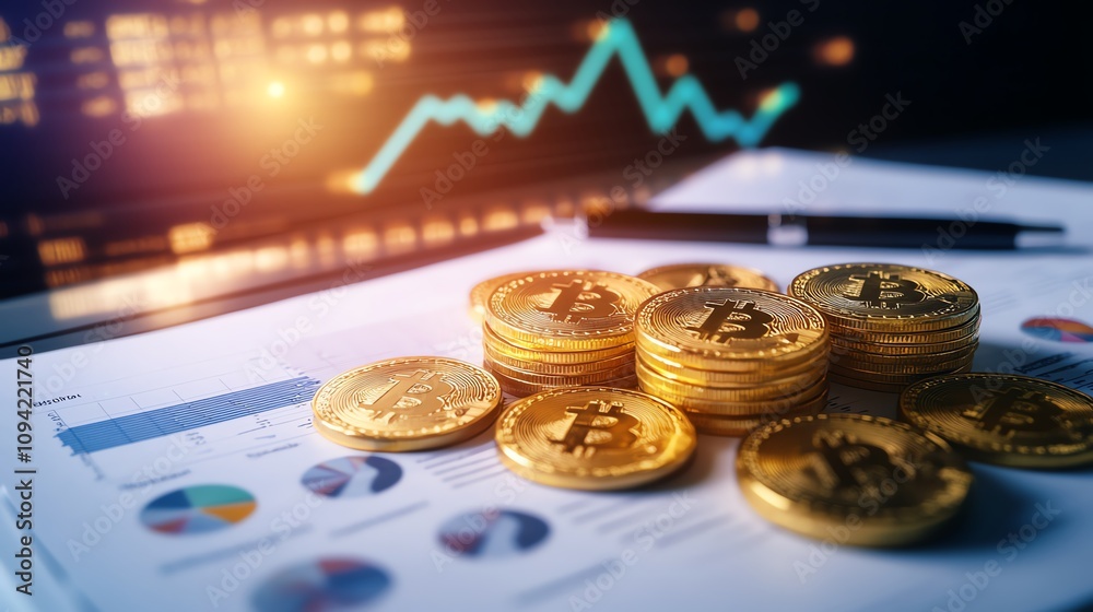 Golden coins on financial documents and charts. Golden coins on financial documents and charts.