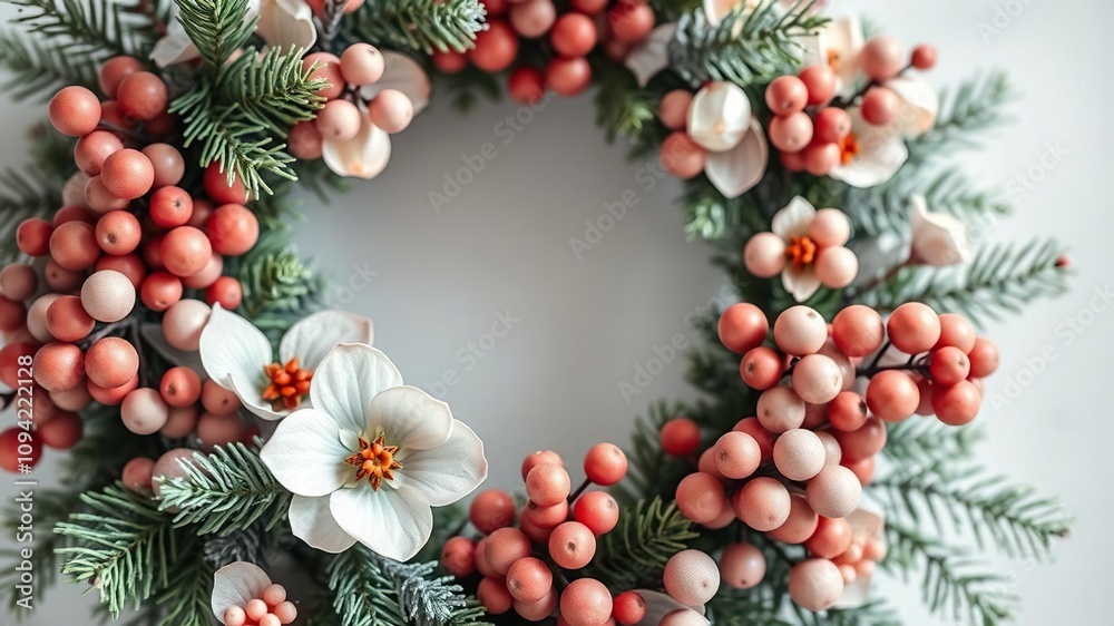 Soft pastel colors on a Christmas wreath with watercolor berries, soft watercolor winter wreath, delicate watercoClose-up of deliEvergreen branch wreath with red ribbon wrapping around central stem