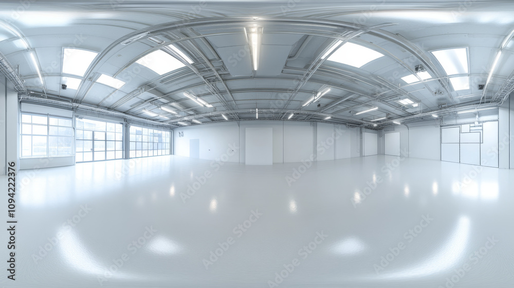 360 degree panorama view.A high-resolution 3D image shows an empty, white studio room with metal details. It's a virtual reality panorama, perfect for virtual environments. 360 degree panorama view.A high-resolution 3D image shows an empty, white studio room with metal details. It's a virtual reality panorama, perfect for virtual environments.