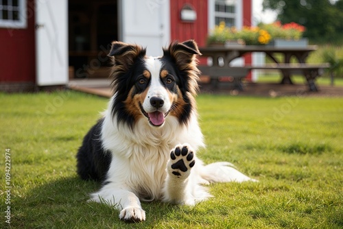 Curious Fluffy Border Collie Paws Exploring Colorful Homestead Scene