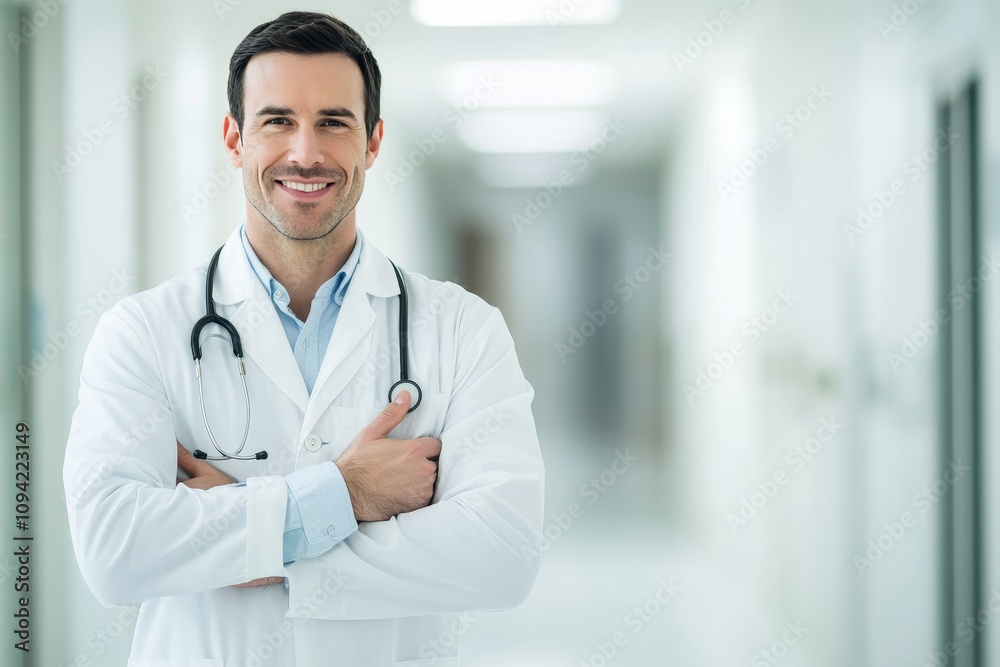 Confident male doctor in white coat posing with arms crossed in blurred hospital corridor Confident male doctor in white coat posing with arms crossed in blurred hospital corridor