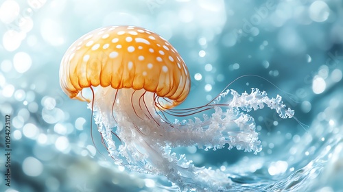 A single, translucent orange and white jellyfish with white tentacles floats in a turquoise blue, blurred, bokeh background. photo