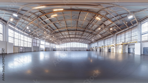 360 degree panorama view.A 3D picture shows an empty factory. The ceiling has a geometric design, and you can see the whole area in a 360-degree view.