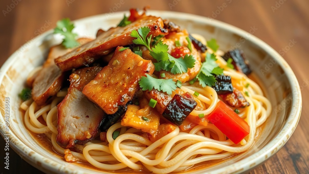Stir-fried noodle salad with crispy pork belly strips and vegetables, colorful vegetables, stir-fry, Asian fusion Stir-fried noodle salad with crispy pork belly strips and vegetables, colorful vegetables, stir-fry, Asian fusion