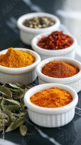 Close-up of Brazilian spices in bowls highlights unique textures and vibrant colors