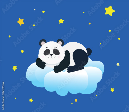 Baby panda getting ready for bed, moon, dark blue sky with stars outside the window