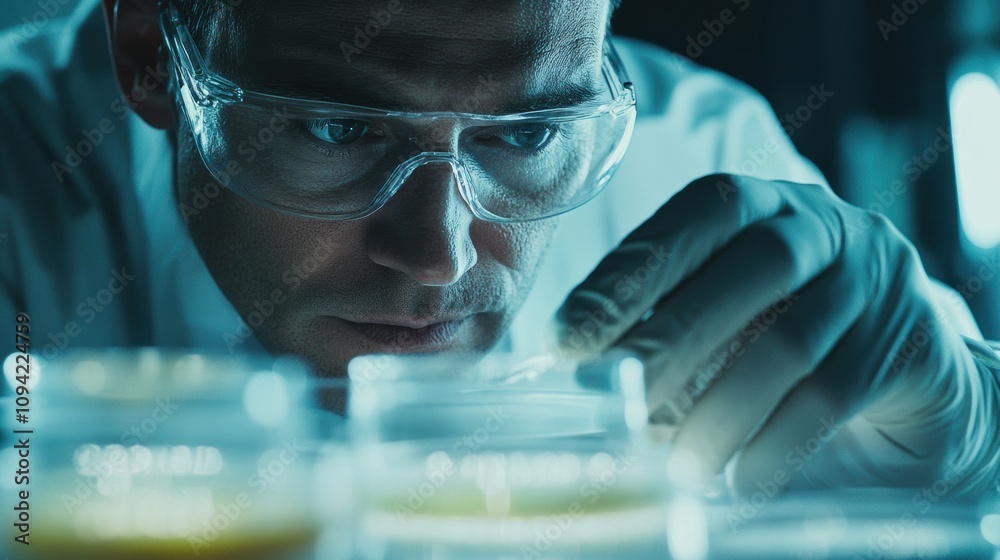 Microbiology scientist examining bacterial cultures in petri dishes, using sterilized instruments in a controlled environment