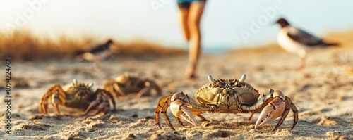 outdoor activities, kayaking. Runner on a beach trail flanked by crabs and seabirds, celebrating energy and wildlife, outdoor movement, coastal vibrance photo