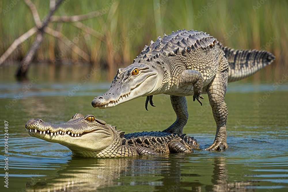 Obraz premium Crocodile Mimicking Birds in Wetlands Fascinating Aquatic Predator Adaptations