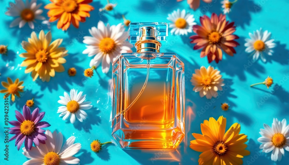 Floral Fragrance: A delicate perfume bottle surrounded by a vibrant array of daisies on a blue background evokes a sense of freshness and femininity. The soft. Floral Fragrance: A delicate perfume bottle surrounded by a vibrant array of daisies on a blue background evokes a sense of freshness and femininity. The soft.