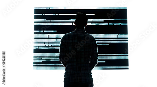 indian man programmer standing in front of a screen with code projected  presentation the integration of technology and human expertise in software development with white shades, studio p photo