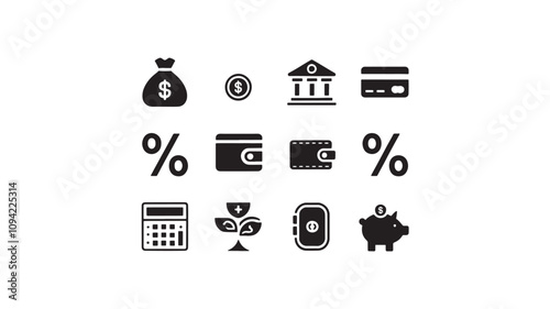 Set of money savings icon collection. Money, Wallet, piggy bank, coin, money bag 