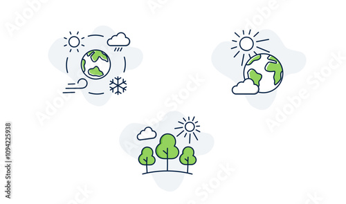 Climate and Environmental Conservation Icons. Seasonal changes graphic, earth sustainability symbol, forest conservation icon.