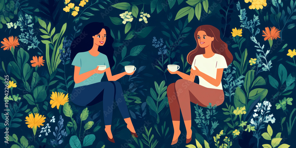 modern tea garden talking women, simple illustration style. AI generative. modern tea garden talking women, simple illustration style. AI generative.