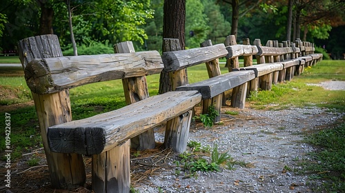 A row of rustic wooden benches lined up in a serene park, inviting visitors to sit.