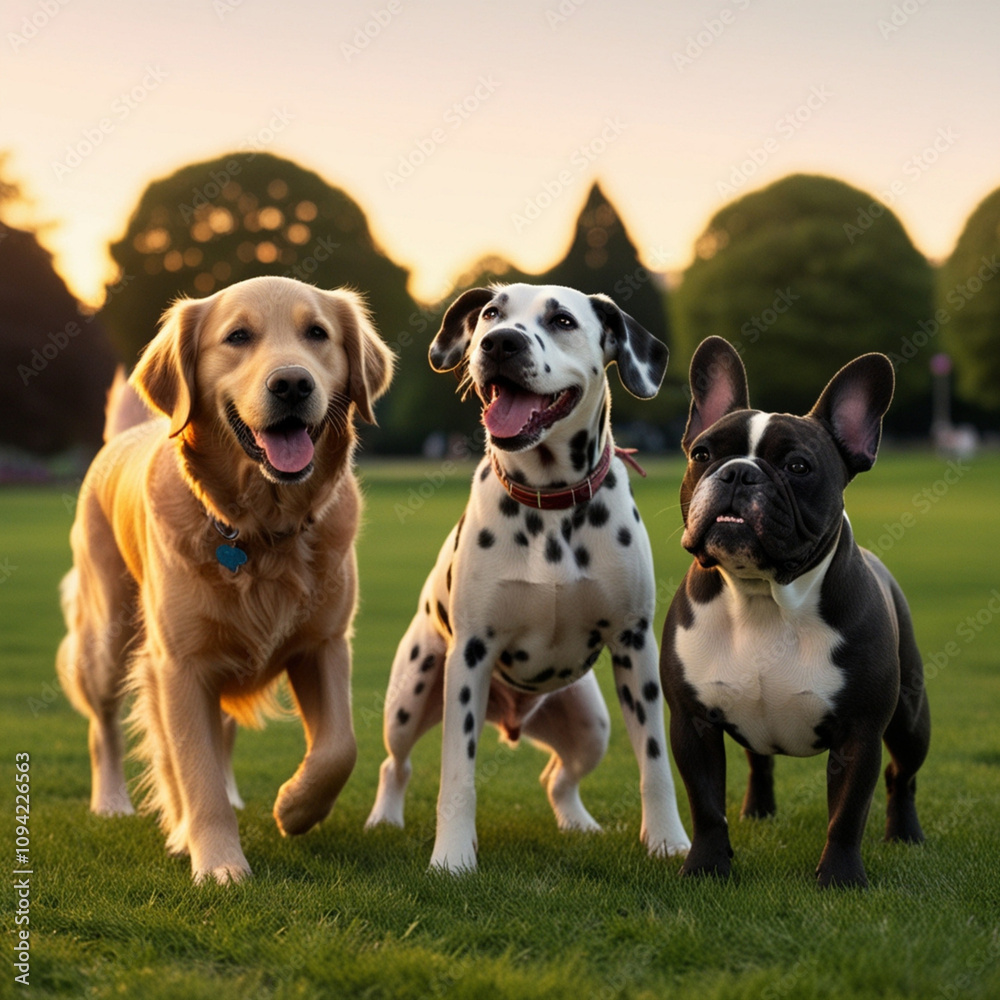 Golden Retriever, Dalmatian, and Bulldog in a Sunset Chase Golden Retriever, Dalmatian, and Bulldog in a Sunset Chase