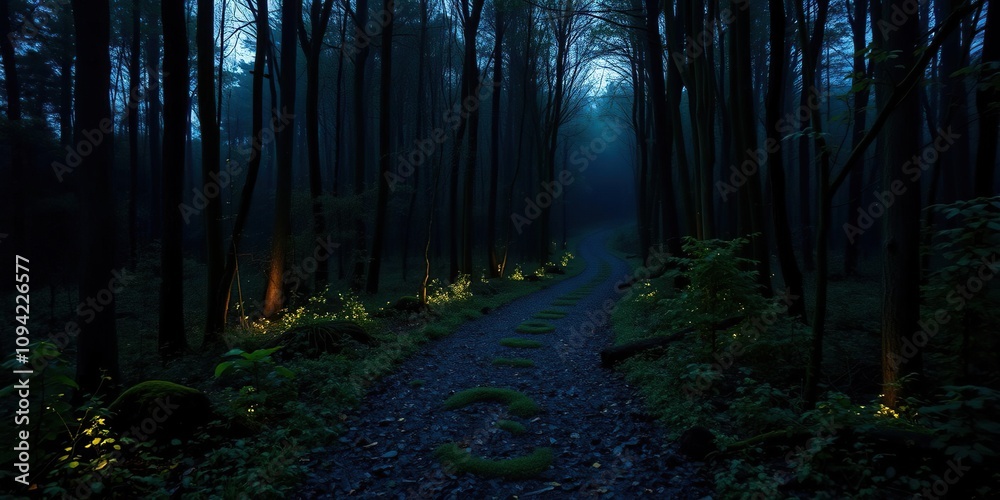 Obraz premium Twinkling green forest path leading into the darkness of a mystical forest at dusk, path, shadows