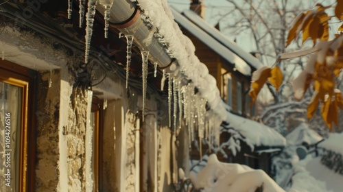 Icicles: Beautiful, long ice formations hanging from eaves, formed by melting snow refreezing in the chill, creating sparkling winter decorations.
 photo