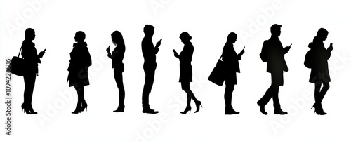 Silhouette Illustrations of Diverse People in Various Poses Standing Sitting Holding Umbrellas Using Phones
