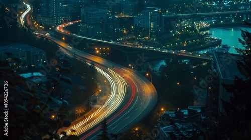 The hustle and bustle of a city at night is captured in the intertwining car light trails seen from this overlook point giving a unique perspective of the urban landscape. photo