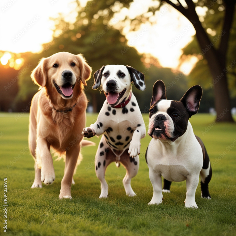 Golden Retriever, Dalmatian, and Bulldog in a Sunset Chase Golden Retriever, Dalmatian, and Bulldog in a Sunset Chase