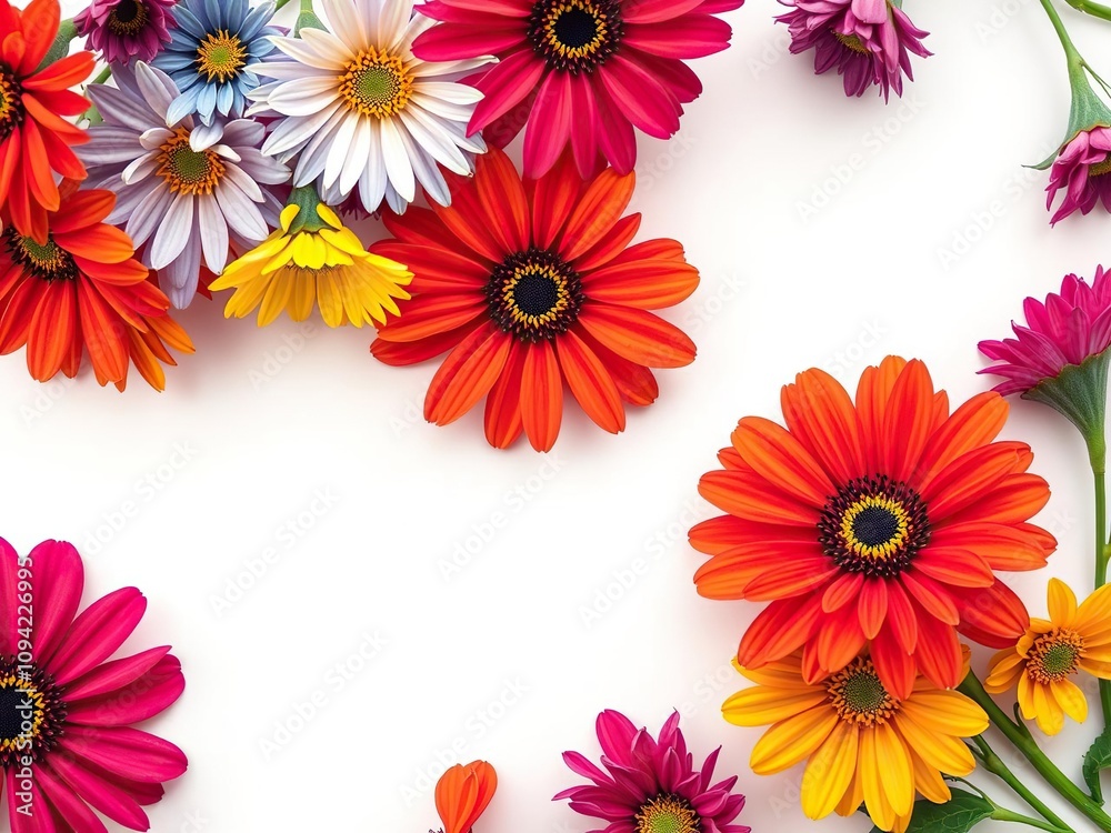 Vibrant colorful flowers with delicate petals against a soft white background, flower photography, floral arrangement Vibrant colorful flowers with delicate petals against a soft white background, flower photography, floral arrangement