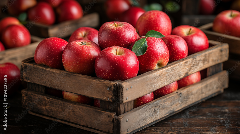 Fresh red apples in rustic wooden crate, natural organic produce