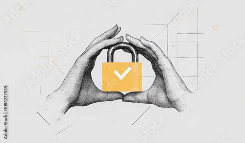 Protective Hands with Golden Padlock Cyber Security Digital Art Illustration