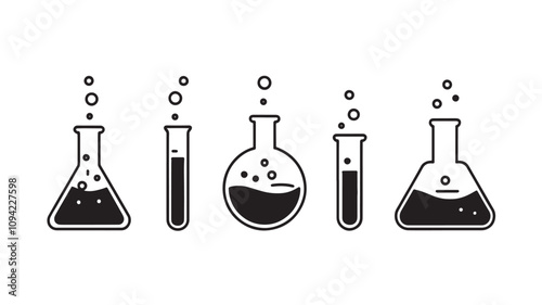 set of laboratory filled with liquid. chemistry flasks