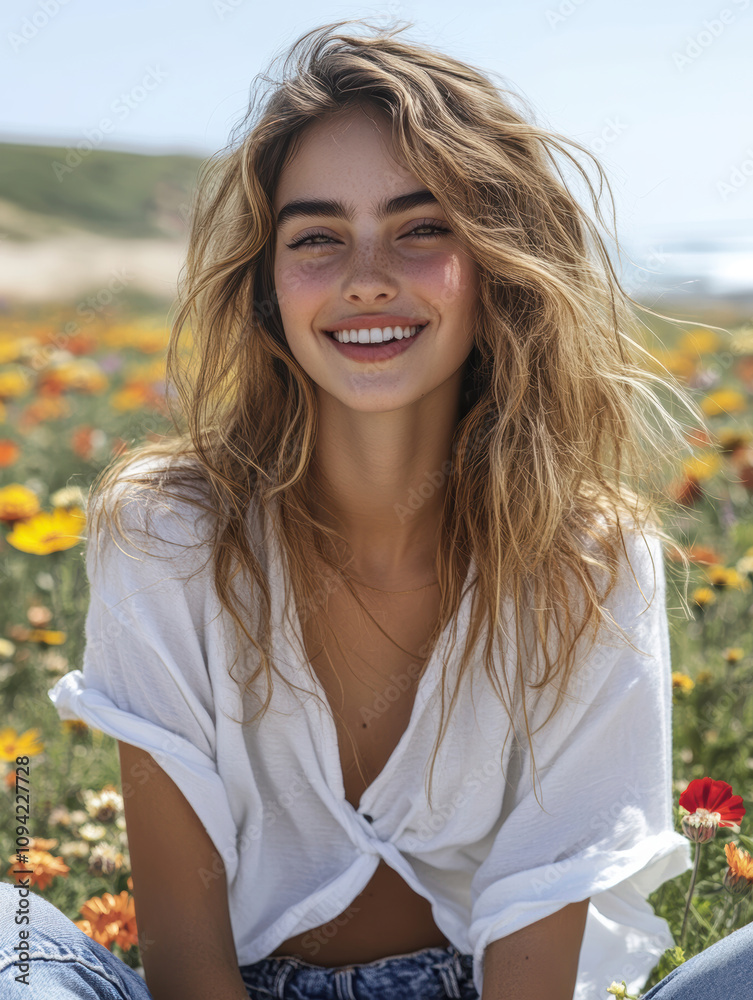 A positive, smiling girl sitting on a sunlit meadow . AI generative. A positive, smiling girl sitting on a sunlit meadow . AI generative.