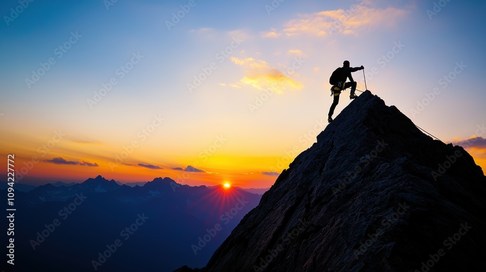 outdoor activities, mountain biking. A climber reaching the summit at sunset, triumph and exhilaration in nature outdoor activities, mountain biking. A climber reaching the summit at sunset, triumph and exhilaration in nature