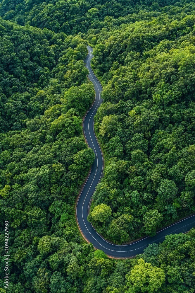 Winding Road Through Dense Forest Surrounded by Mountains and Scenic Landscape Winding Road Through Dense Forest Surrounded by Mountains and Scenic Landscape