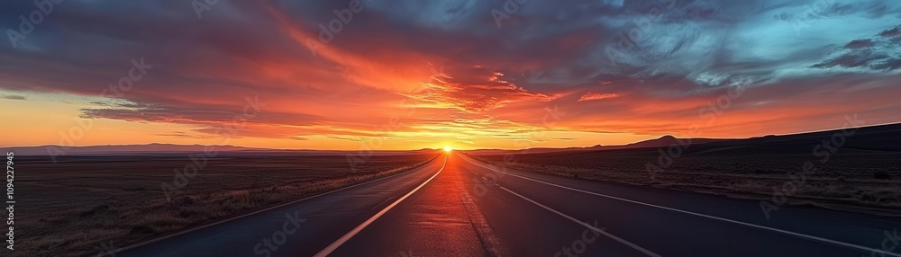 Highway stretching into the twilight, with a fiery sunset illuminating the path, representing the end of a day s journey, Sunset Highway, Golden Adventure Highway stretching into the twilight, with a fiery sunset illuminating the path, representing the end of a day s journey, Sunset Highway, Golden Adventure