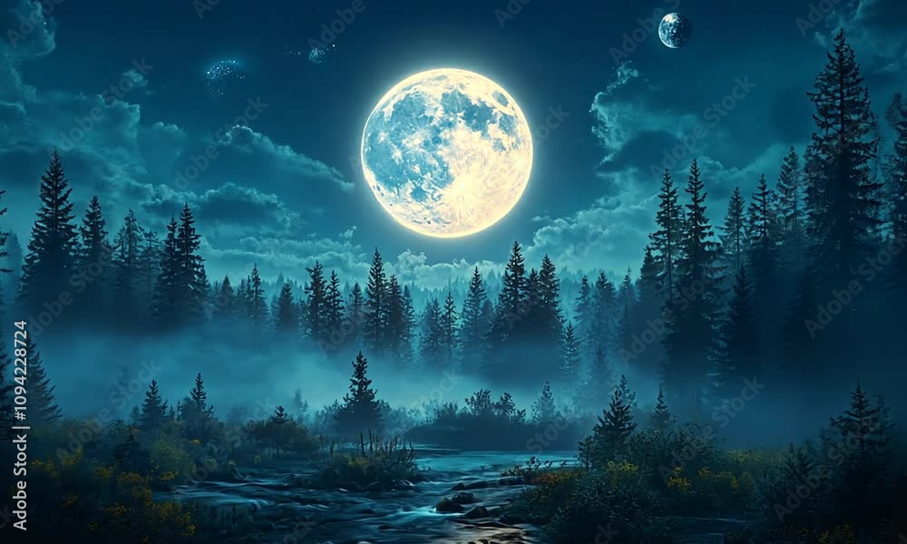 A serene night landscape with a bright moon and misty forest.