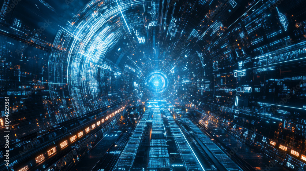 AI robots and smart technology create a sustainable, futuristic city.  Energy is managed efficiently, and security is ensured in this digital world.
