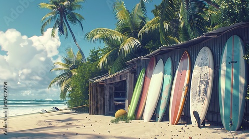 A row of surfboards propped against a beach shack, ready for a day of fun.