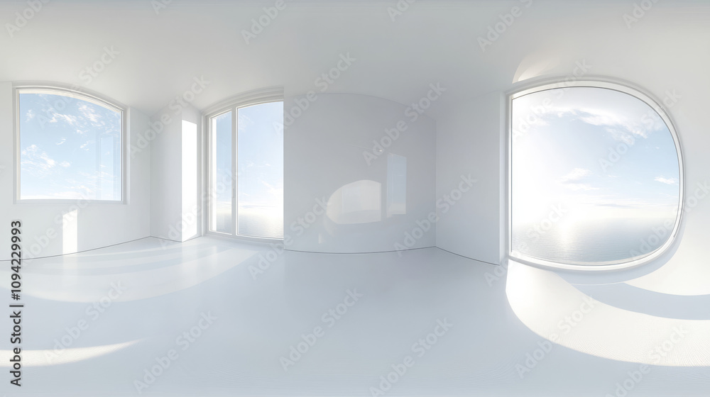 360 degree panorama view.A virtual reality scene: a white room with two windows. A 3D image showing a full panoramic view. 360 degree panorama view.A virtual reality scene: a white room with two windows. A 3D image showing a full panoramic view.