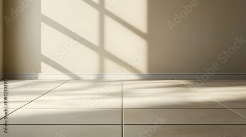 Minimalist room corner with textured beige walls and tiled floors in natural sunlight